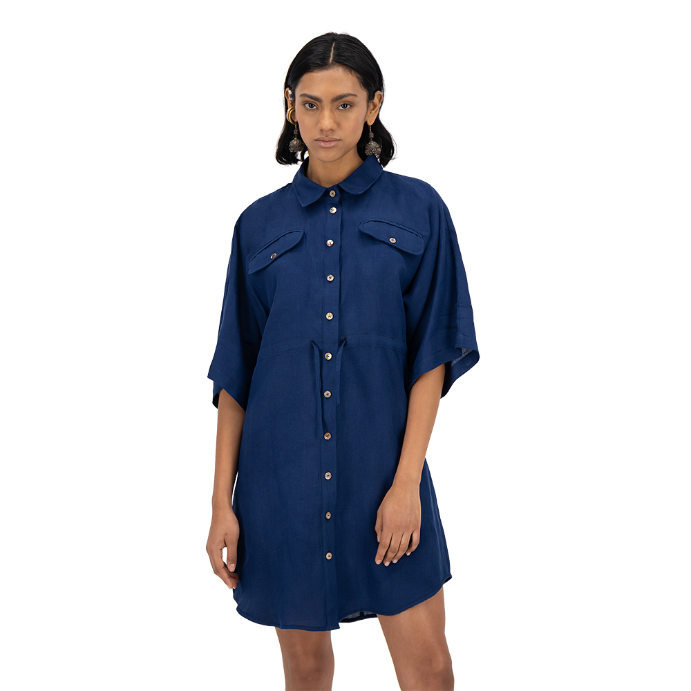 Vestido camisero Merkabá azul marino lino