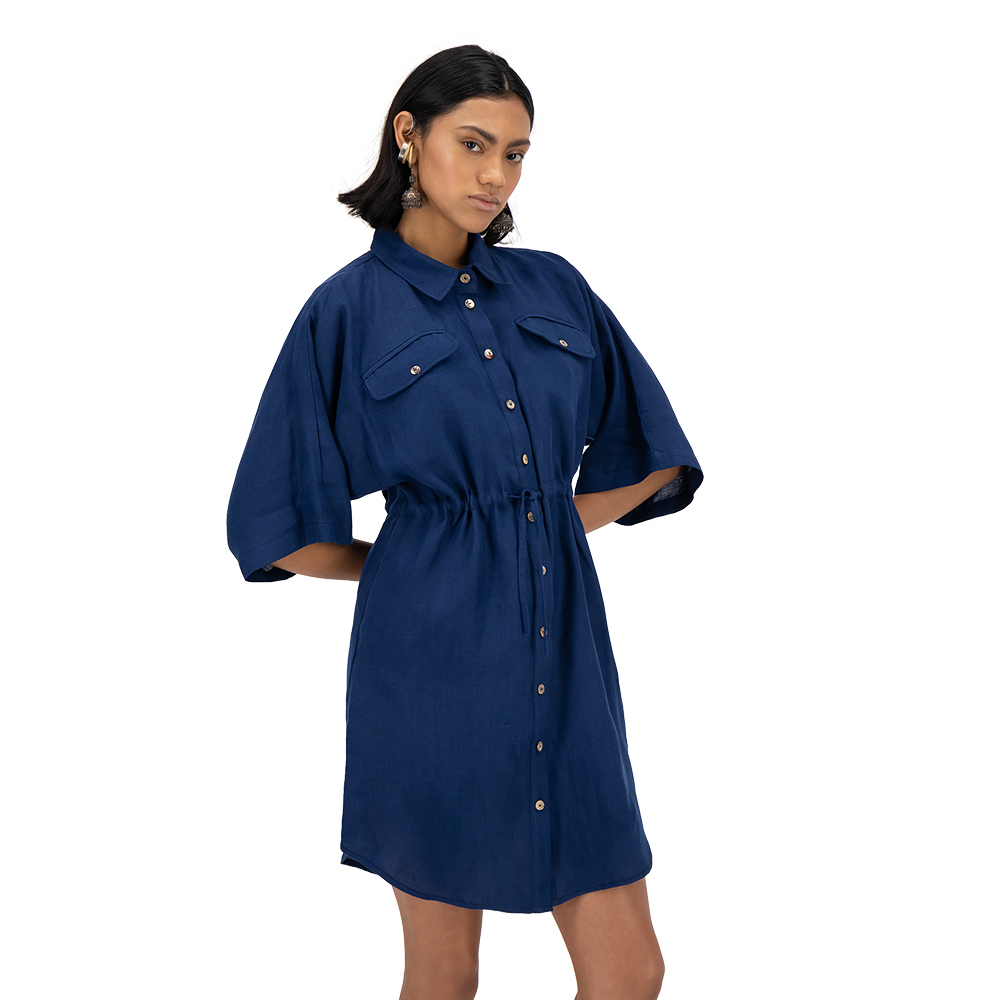 Vestido camisero Merkabá azul marino lino