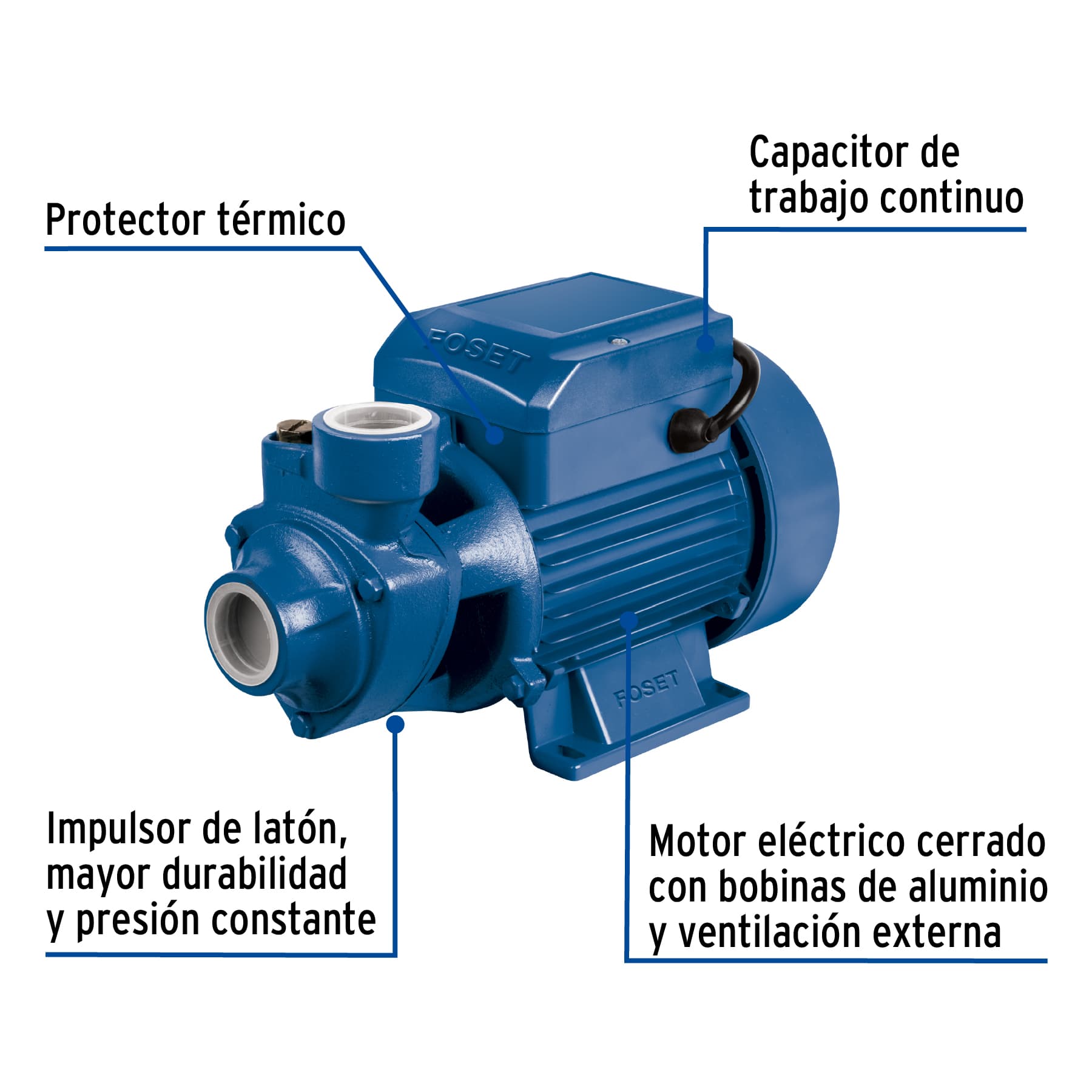 Bomba periférica 1/2 HP, Foset  Altura máxima: 25 m- Flujo máximo: 31 L/min