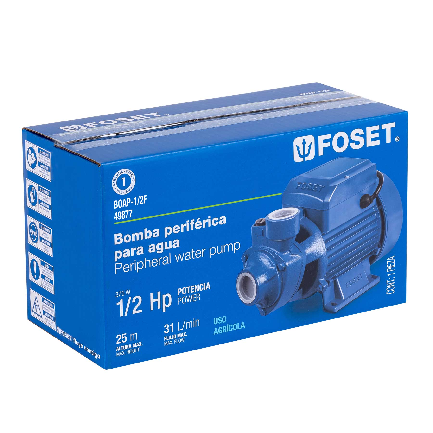 Bomba periférica 1/2 HP, Foset  Altura máxima: 25 m- Flujo máximo: 31 L/min