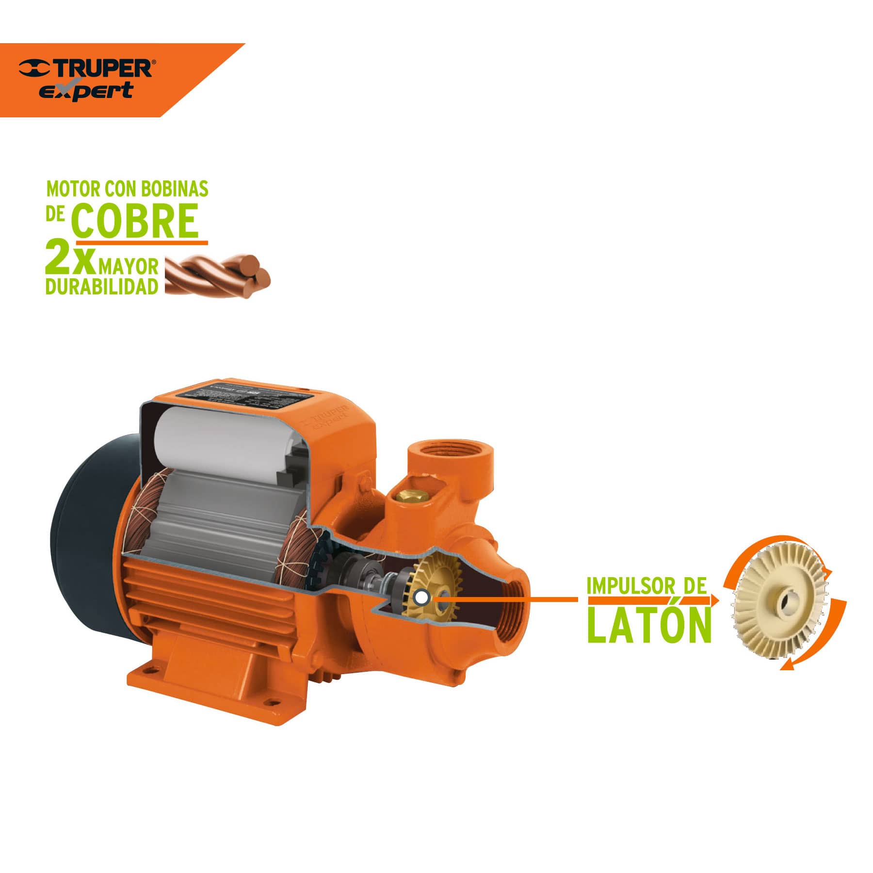 Bomba periférica 1/2 HP, Truper Expert , Altura máxima: 45 m , Flujo máximo: 42 L/min