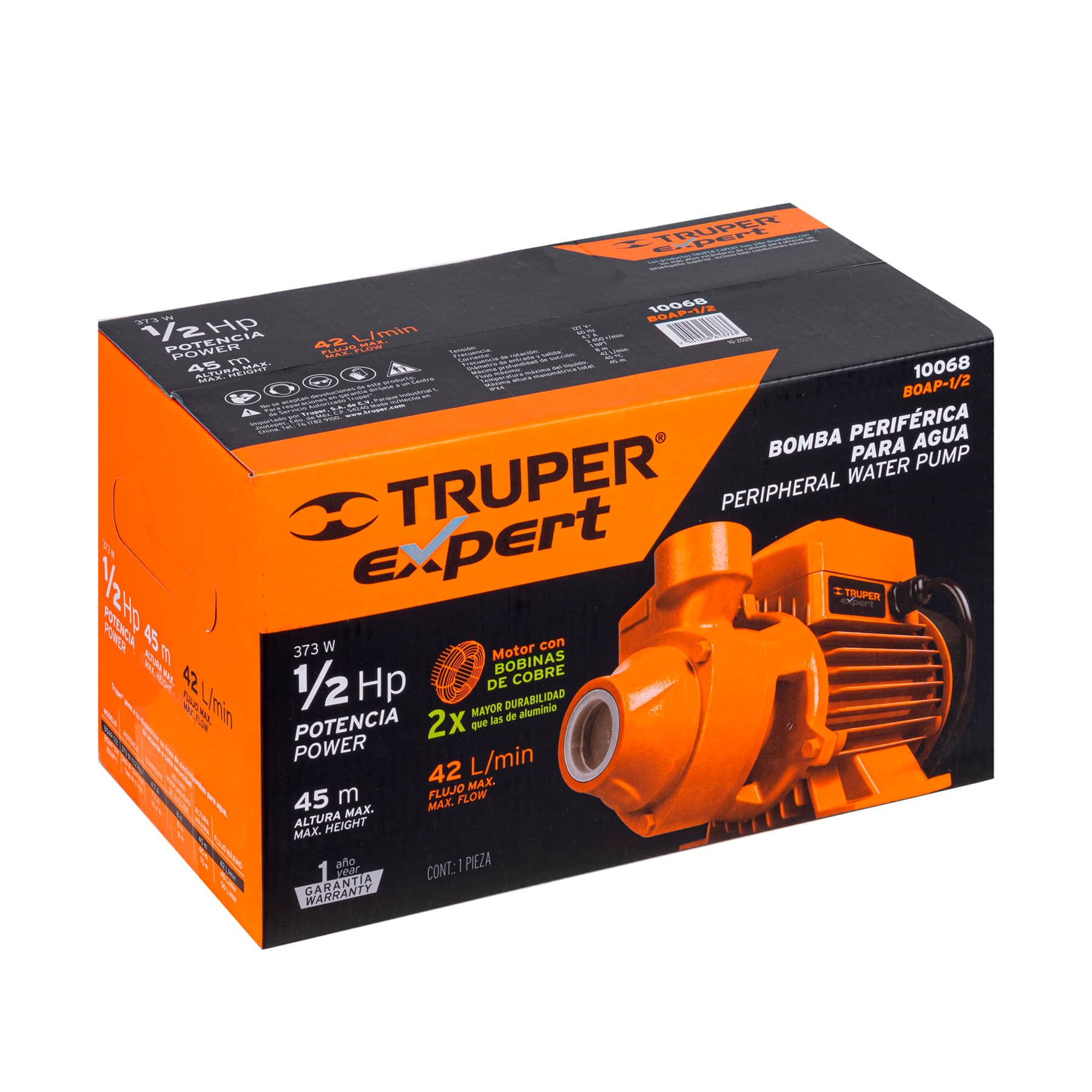 Bomba periférica 1/2 HP, Truper Expert , Altura máxima: 45 m , Flujo máximo: 42 L/min