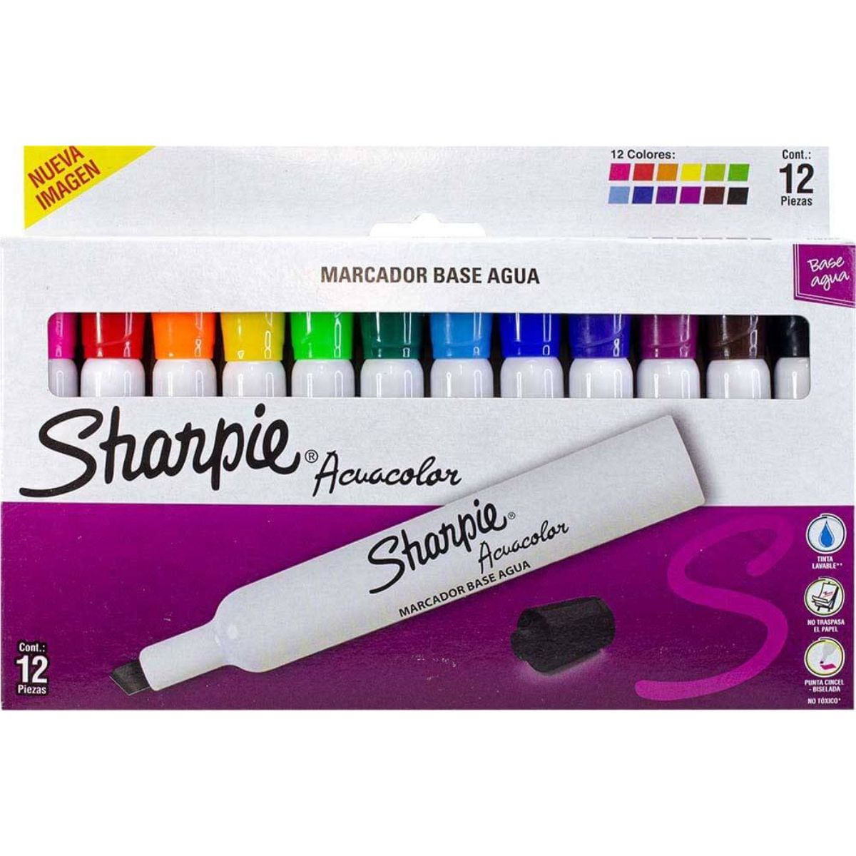Marcadores Sharpie Acuacolor 12 pzas Punta cincel Base Agua