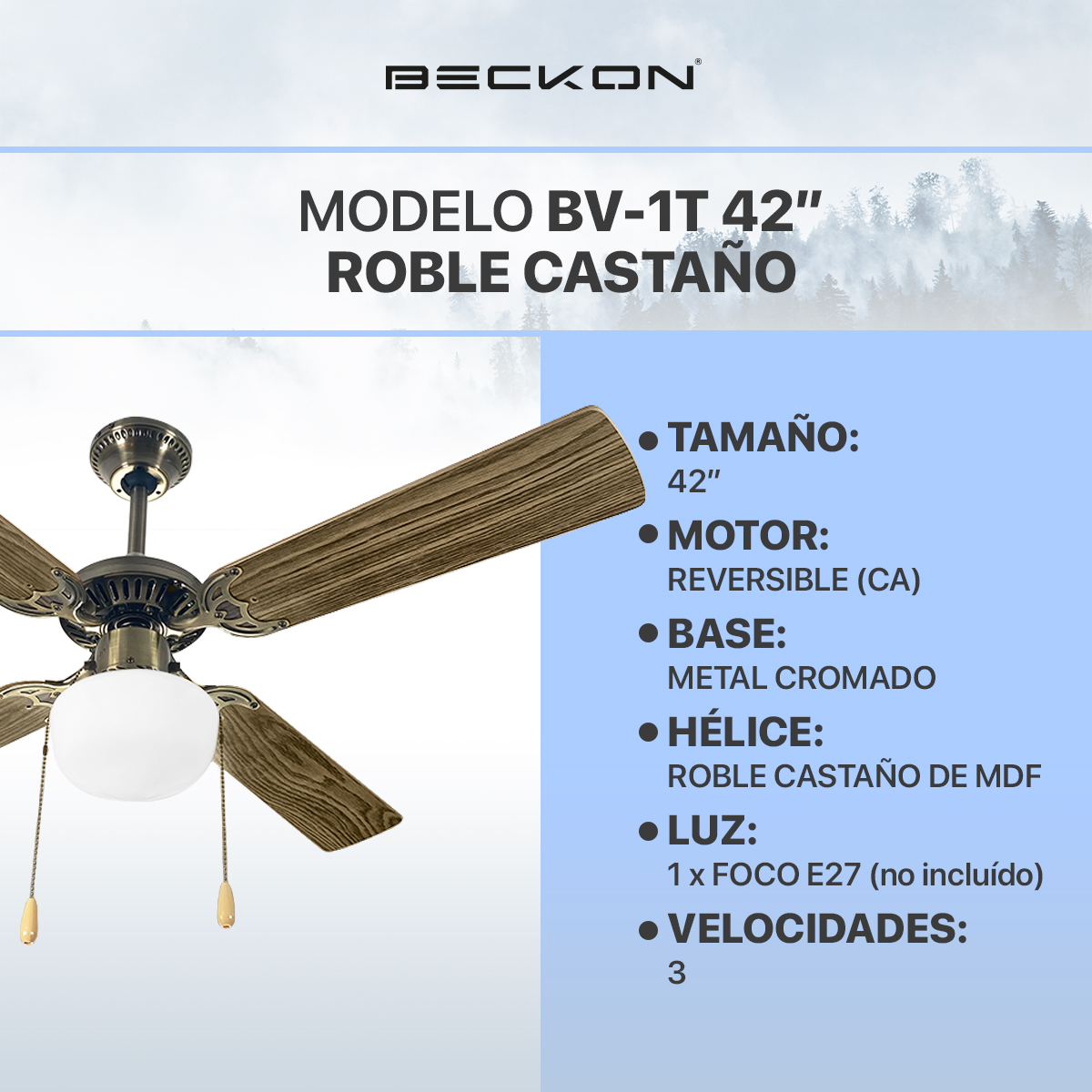 Ventilador de techo 42 pulgadas de diámetro 4 aspas madera Roble castaño Beckon
