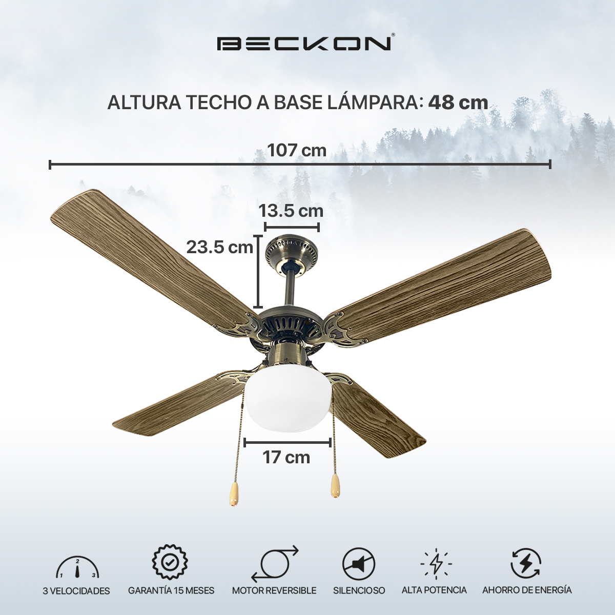 Ventilador de techo 42 pulgadas de diámetro 4 aspas madera Roble castaño Beckon