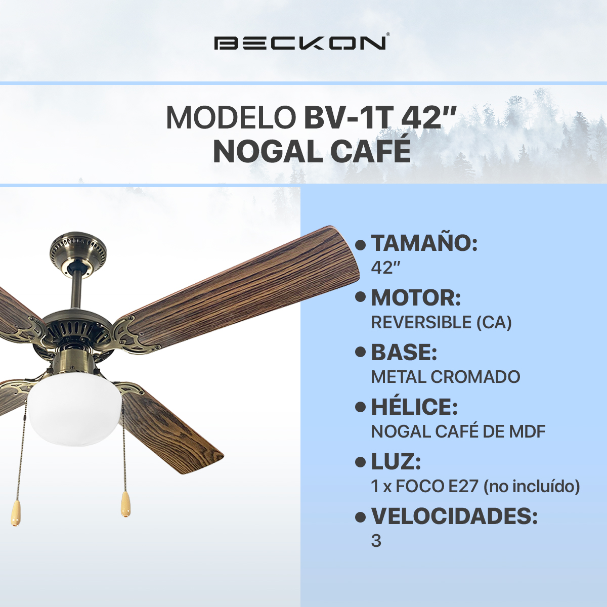 Ventilador de techo 42 pulgadas de diámetro 4 aspas madera Nogal Café Beckon