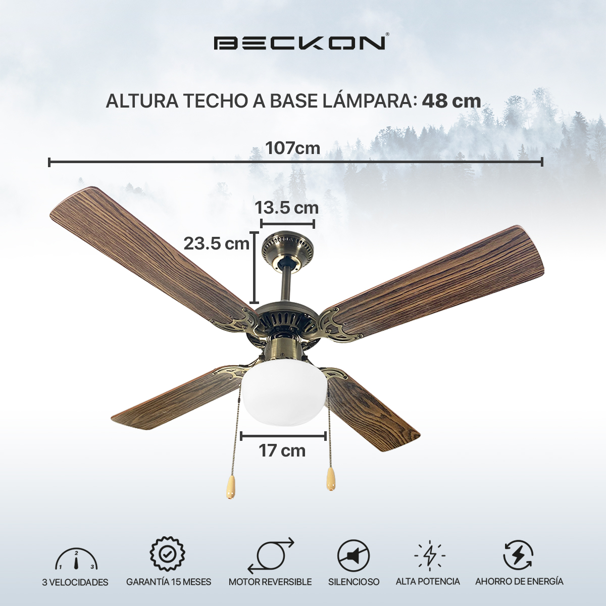 Ventilador de techo 42 pulgadas de diámetro 4 aspas madera Nogal Café Beckon