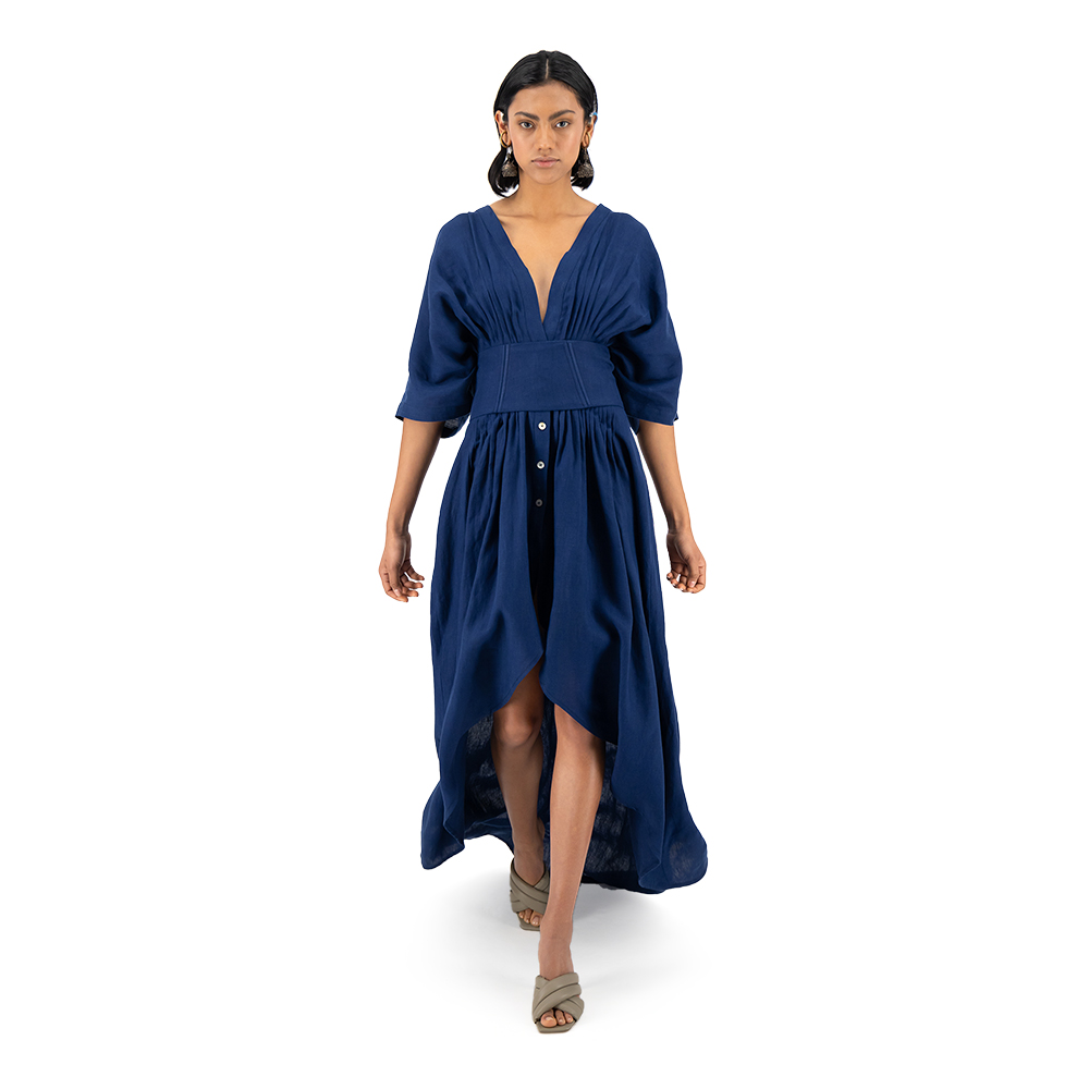 Vestido largo con corsette Merkabá x Dafne Canales azul marino lino