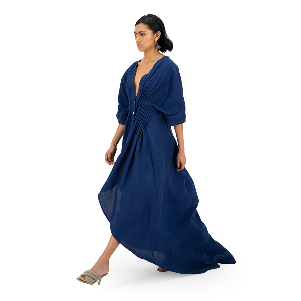 Vestido largo con corsette Merkabá x Dafne Canales azul marino lino