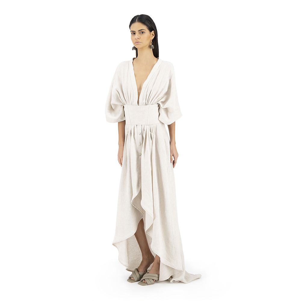 Vestido largo con corsette Merkabá x Dafne Canales beige lino