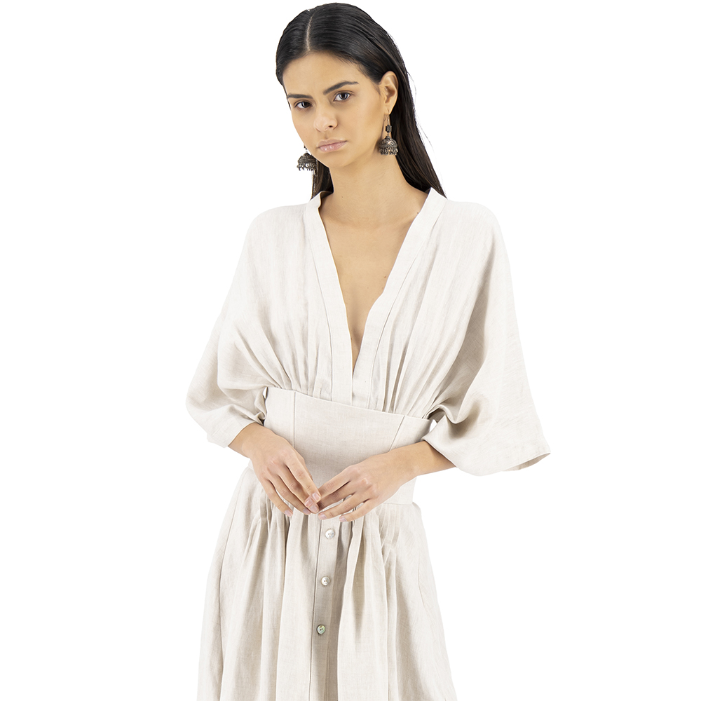 Vestido largo con corsette Merkabá x Dafne Canales beige lino