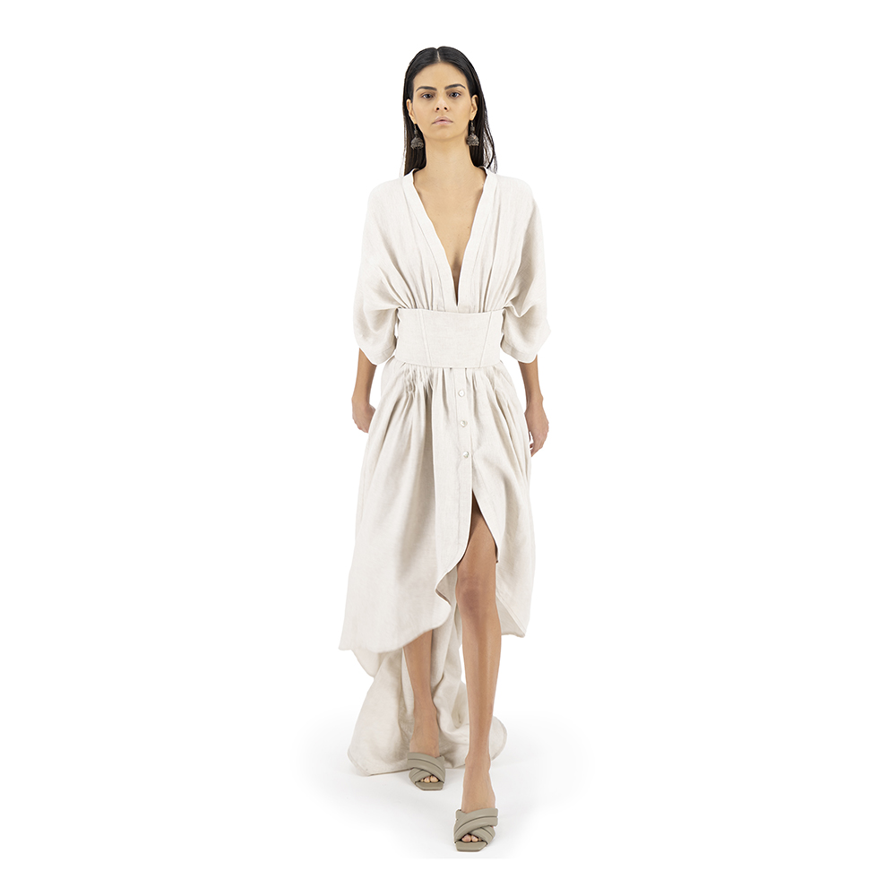 Vestido largo con corsette Merkabá x Dafne Canales beige lino