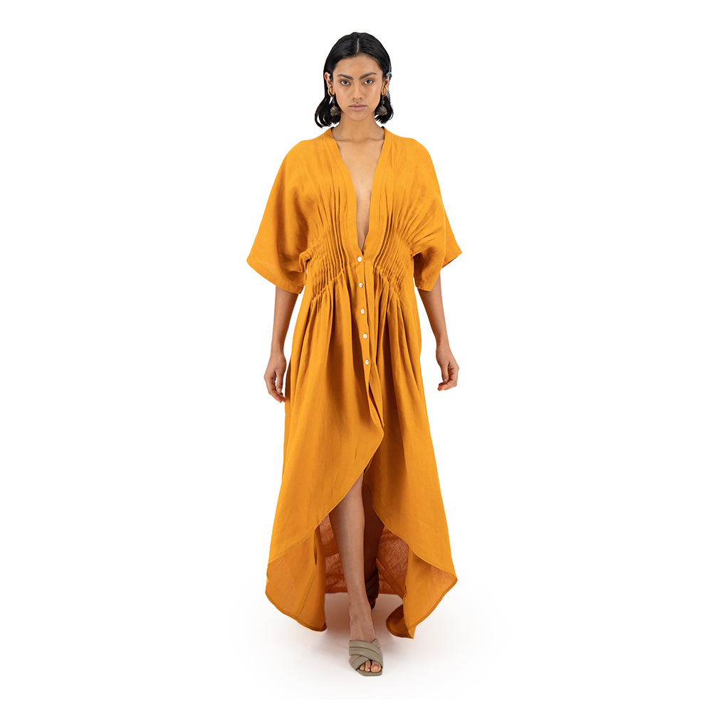 Vestido largo con corsette Merkabá x Dafne Canales mostaza lino