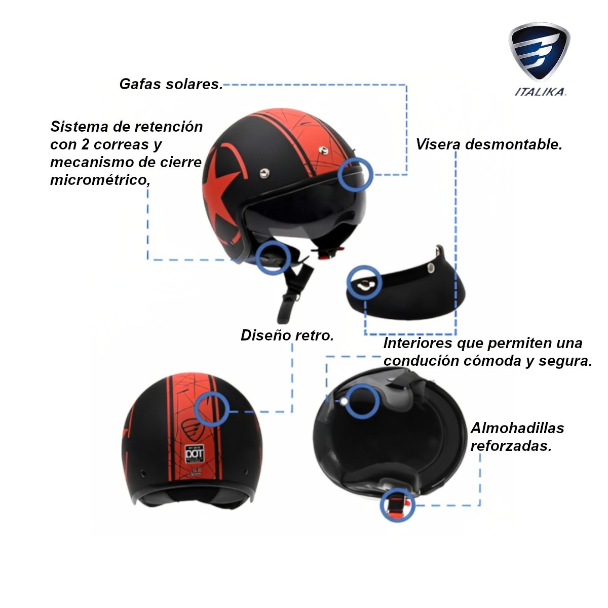 Casco Moto 3/4 ITALIKA certificado DOT Estrella gafas visera desmontable