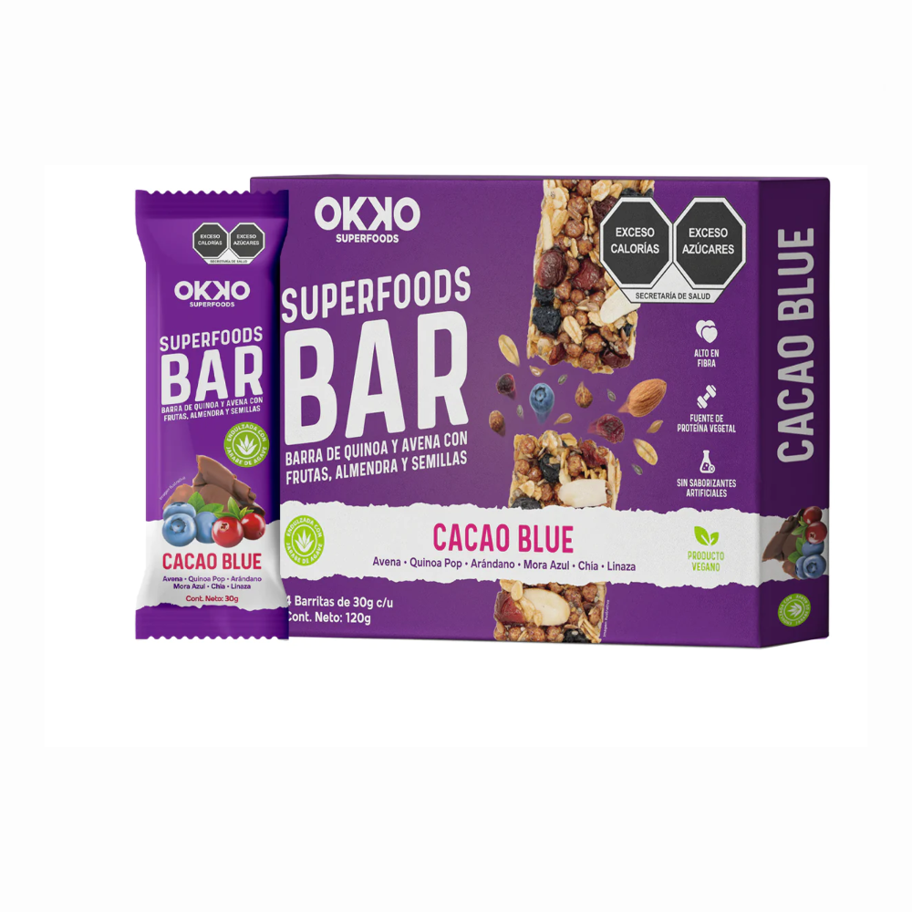 Paquete de Barritas Okko Cacao Blue dos cajas de 4 piezas