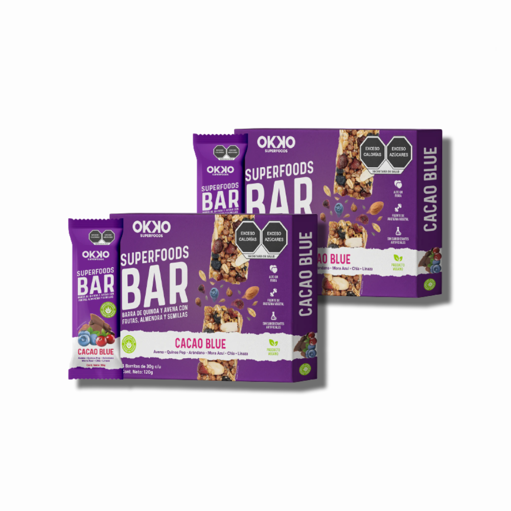 Paquete de Barritas Okko Cacao Blue dos cajas de 4 piezas