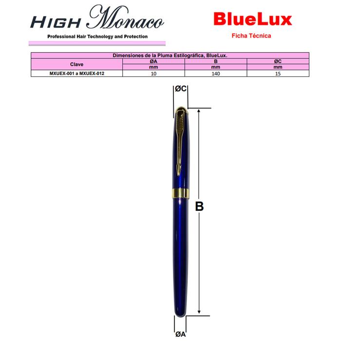 Bolígrafo Fuente Resistentes MXUEX-001-2 1pza 0,5mm Punta Azul Marino Oro 1 Tinta Negra Acero Inoxidable Para Cartucho SmallCartri 3,4mm, BlueLux
