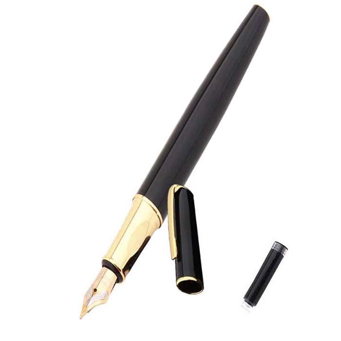 Plumas Tipo Fuente Caligrafía MXBWY-001-1 1pza 0,5mm Punta NegroDorado 1 Tinta Negra Acero Inoxidable Para Cartucho SmallCartri 3,4mm, BlackWhite