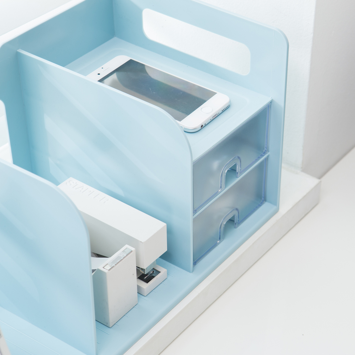 Organizador de escritorio y Estante de libros 2 divisiones - 2 cajones, Azul