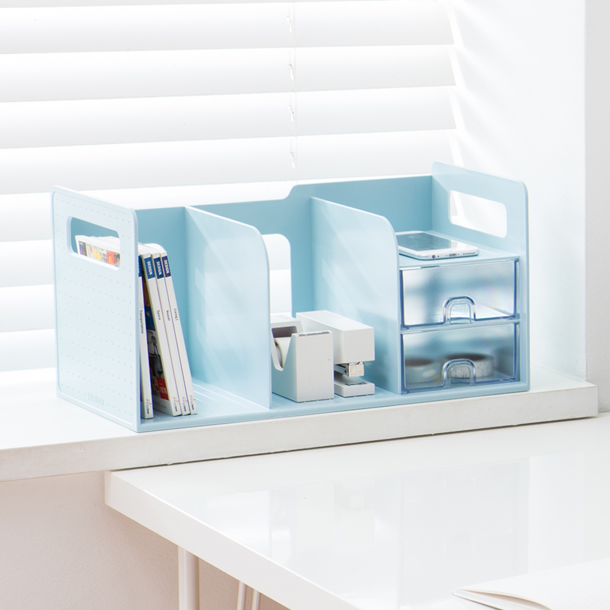 Organizador de escritorio y Estante de libros 2 divisiones - 2 cajones, Azul