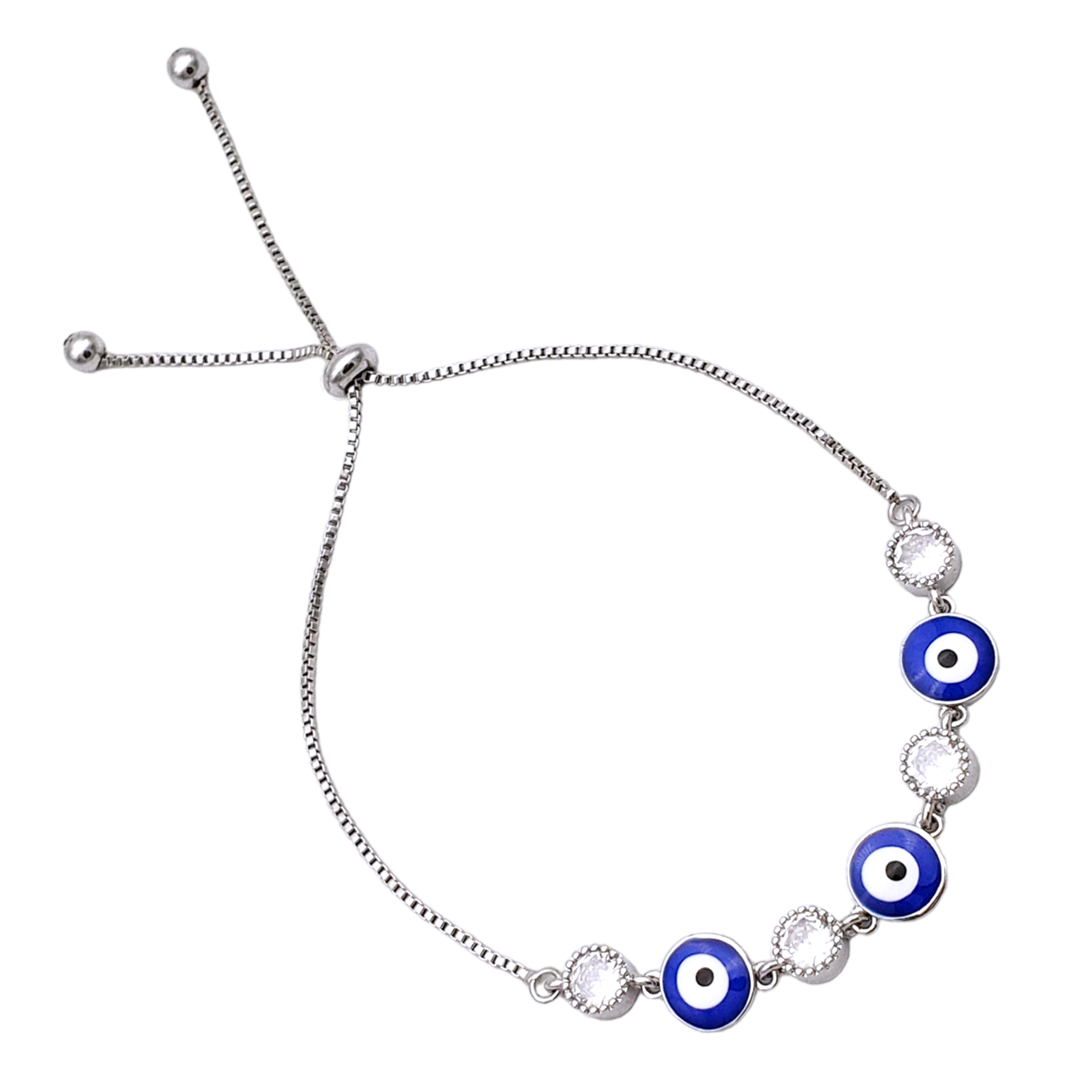 Pulsera en rodio cadena corrediza ojo turco azul marino zircónia