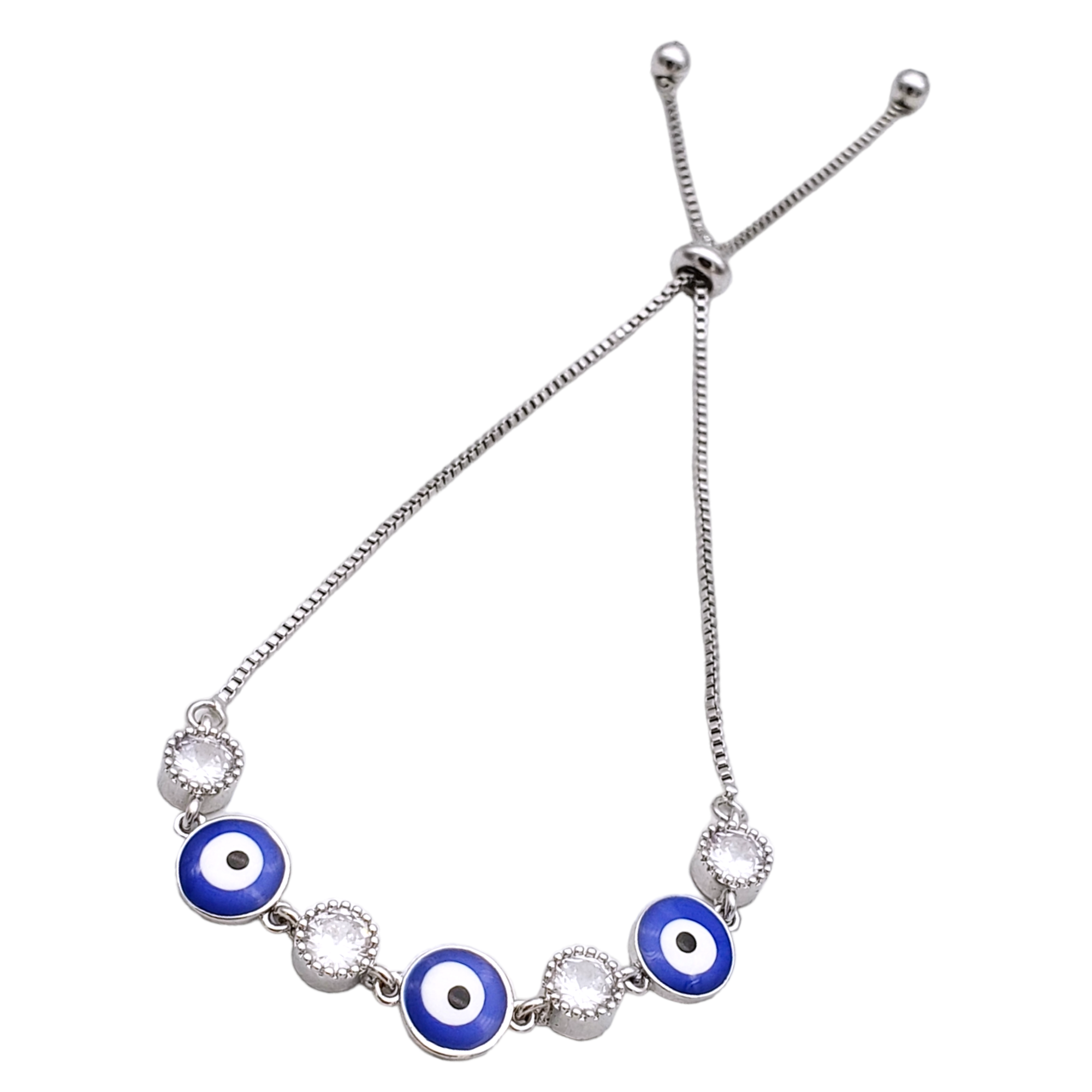 Pulsera en rodio cadena corrediza ojo turco azul marino zircónia