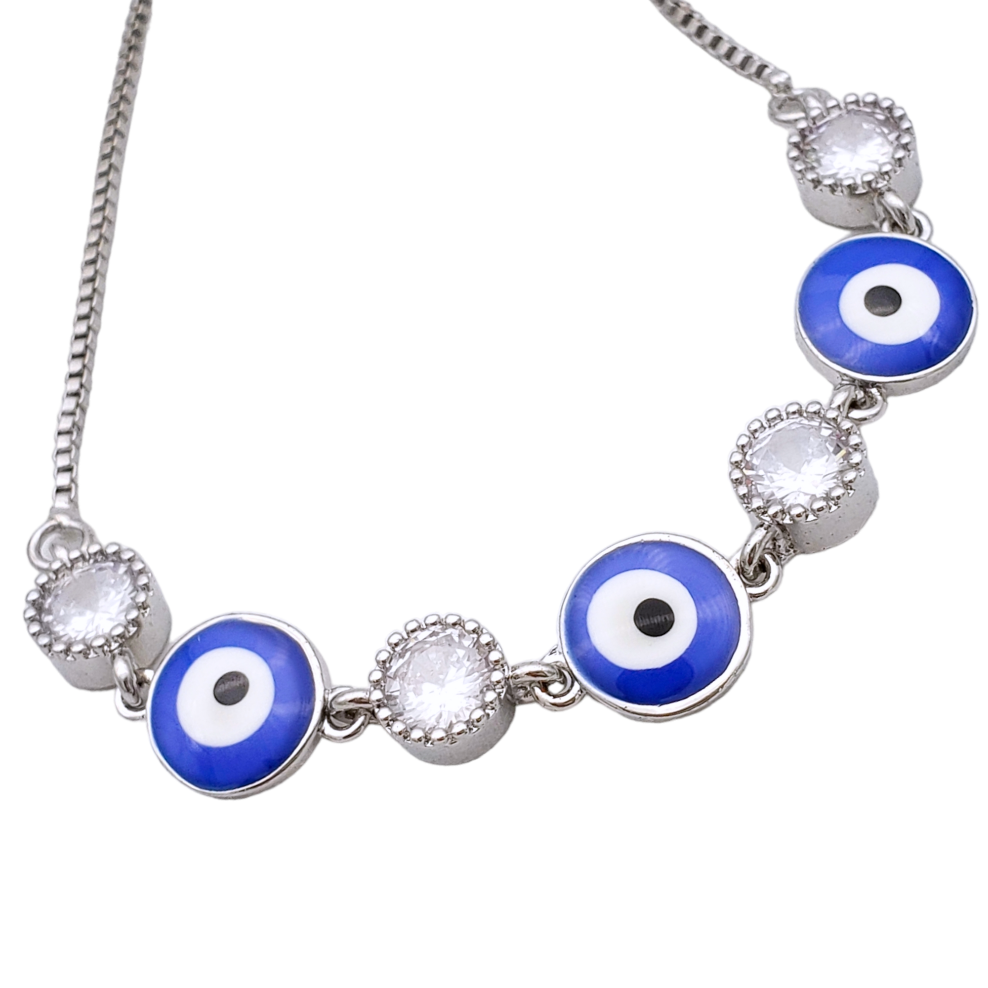 Pulsera en rodio cadena corrediza ojo turco azul marino zircónia