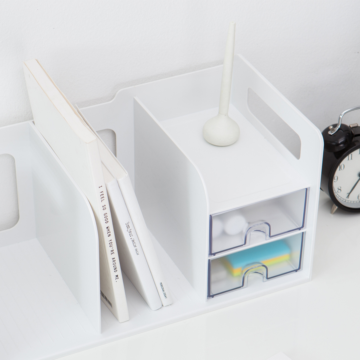 AGBOX Organizador de escritorio y Estante de libros 2 divisiones 2 cajones Blanco LTOFD002