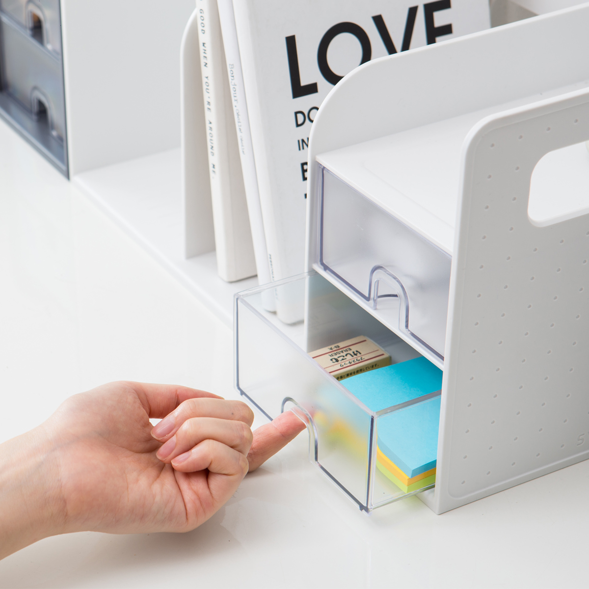 AGBOX Organizador de escritorio y Estante de libros 2 divisiones 2 cajones Blanco LTOFD002