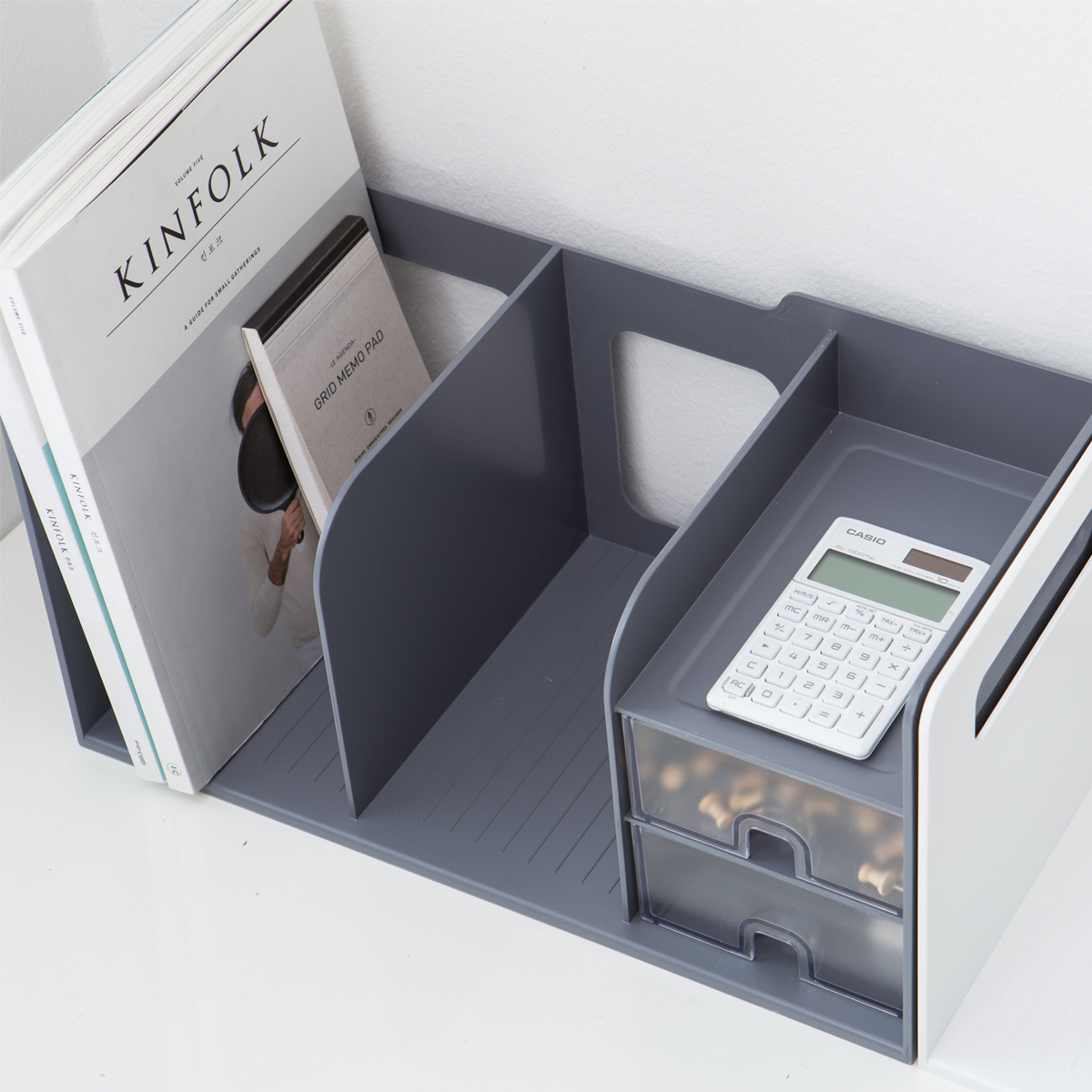 Organizador de escritorio y Estante de libros 2 divisiones - 2 cajones,Gris