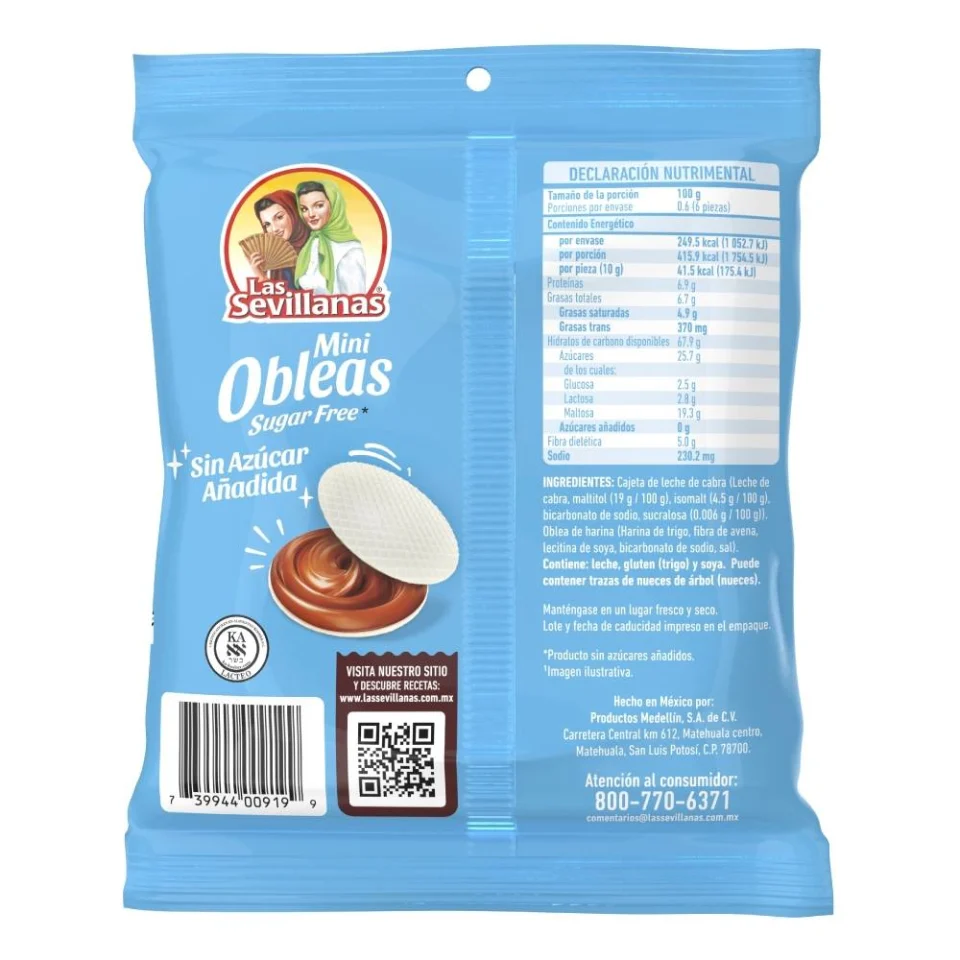 Mini Obleas sin Azúcar Las Sevillanas de Cajeta 2 bolsas 6 piezas