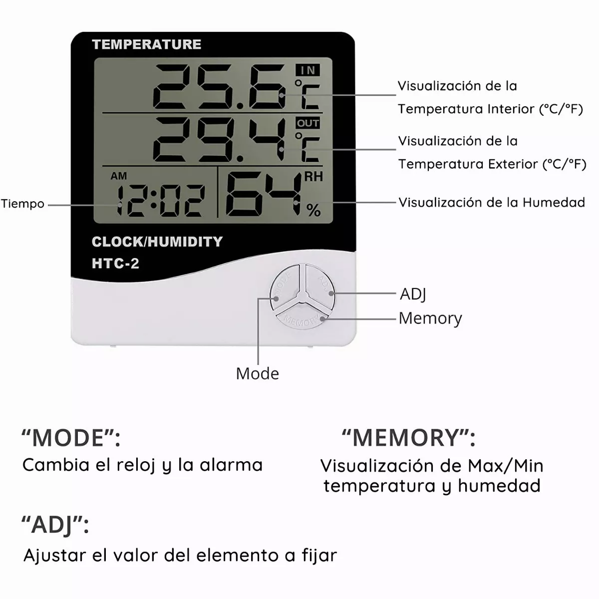 Termometro Higrometro Digital Htc-2 Big Sensor Interior/exterior