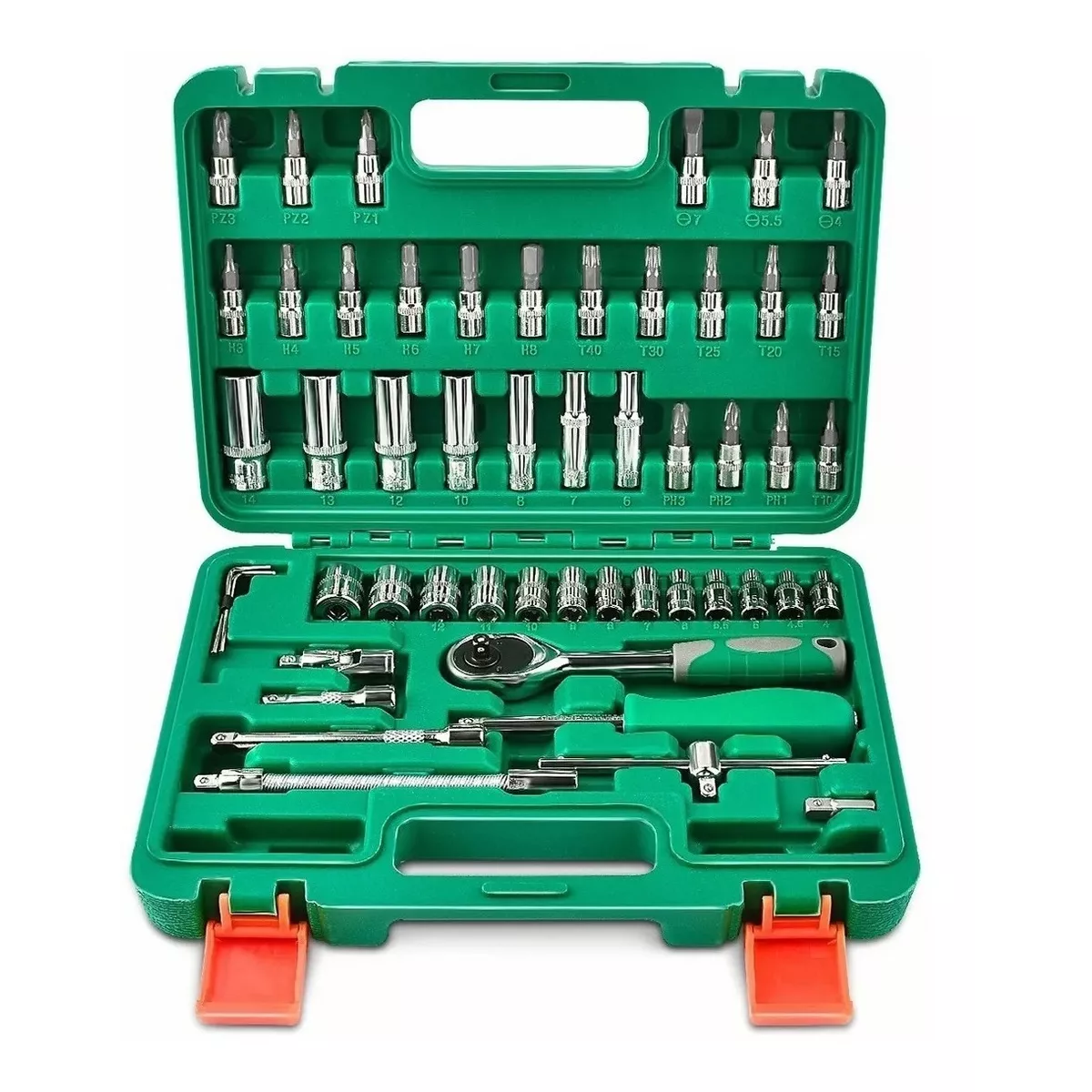 Kit De Herramientas Mecanica 53 Pz Con Desarmador Y Matraca Estuche Verde