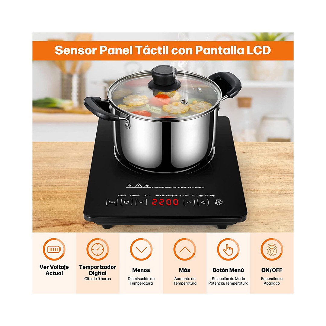 Raganet, Parrilla Electrica de Induccion, 1 Quemador de Cristal Templado, Potencia de 2200 Watts, Temperatura Ajustable, Display Digital con Temporizador