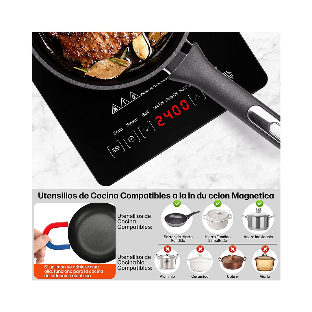 Raganet, Parrilla Electrica de Induccion, 1 Quemador de Cristal Templado, Potencia de 2200 Watts, Temperatura Ajustable, Display Digital con Temporizador