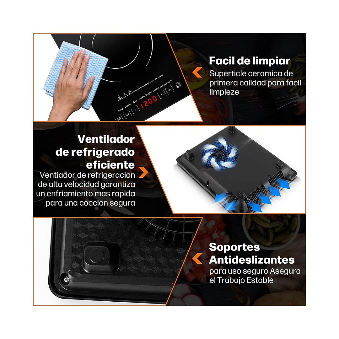 Raganet, Parrilla Electrica de Induccion, 1 Quemador de Cristal Templado, Potencia de 2200 Watts, Temperatura Ajustable, Display Digital con Temporizador