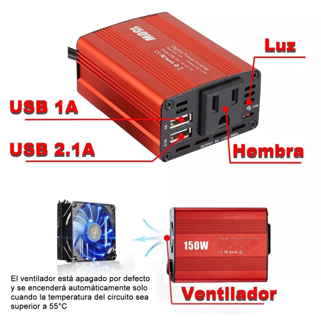 Inversor De Corriente Para Auto 150w, 12v-110v.