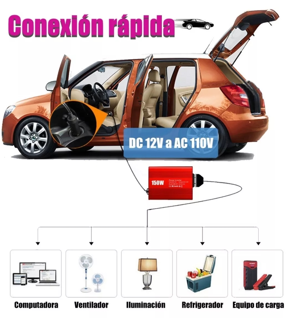 Inversor De Corriente Para Auto 150w, 12v-110v.