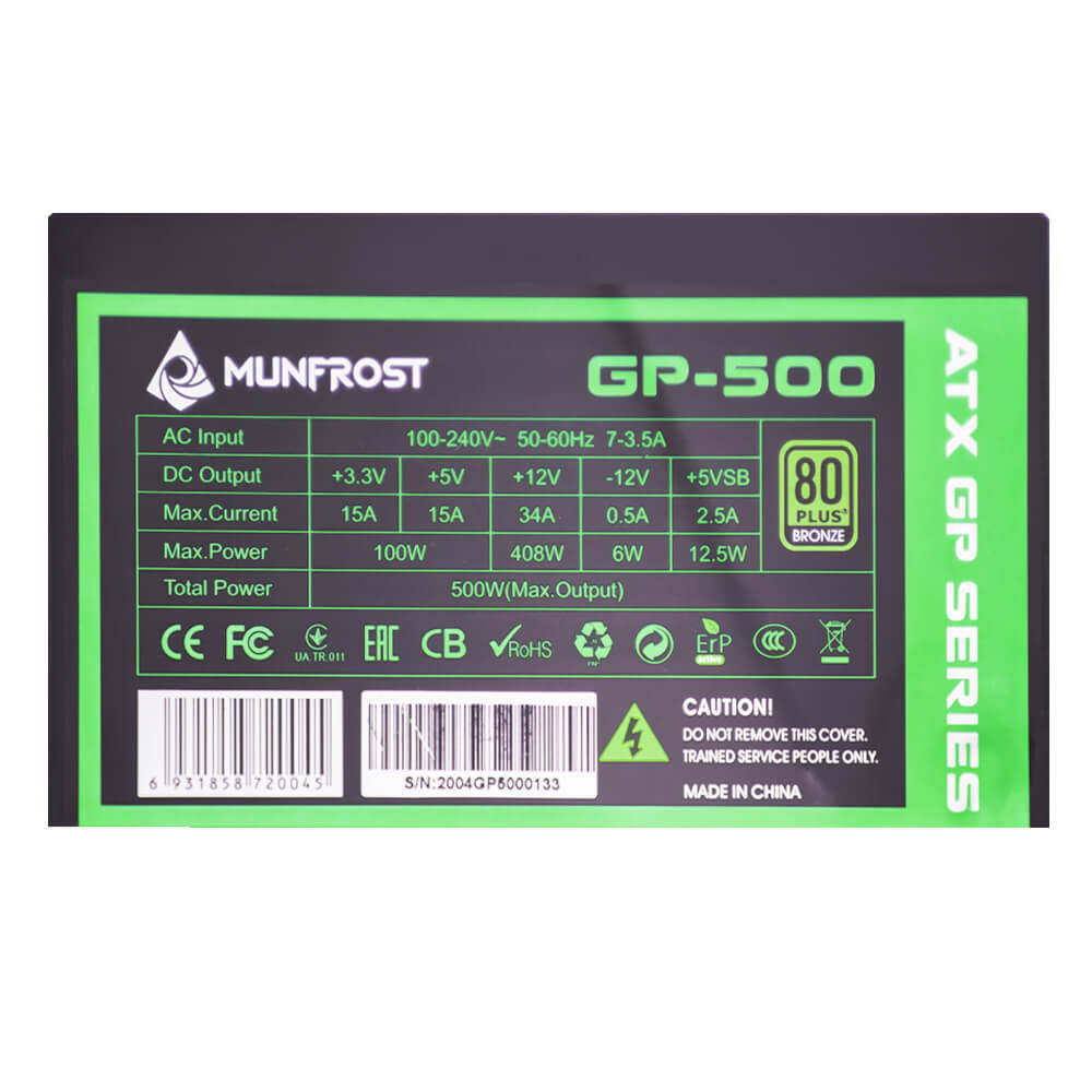 FUENTE DE PODER MUNFROST 500W CP SERIES 80+ BRONZE GP-500