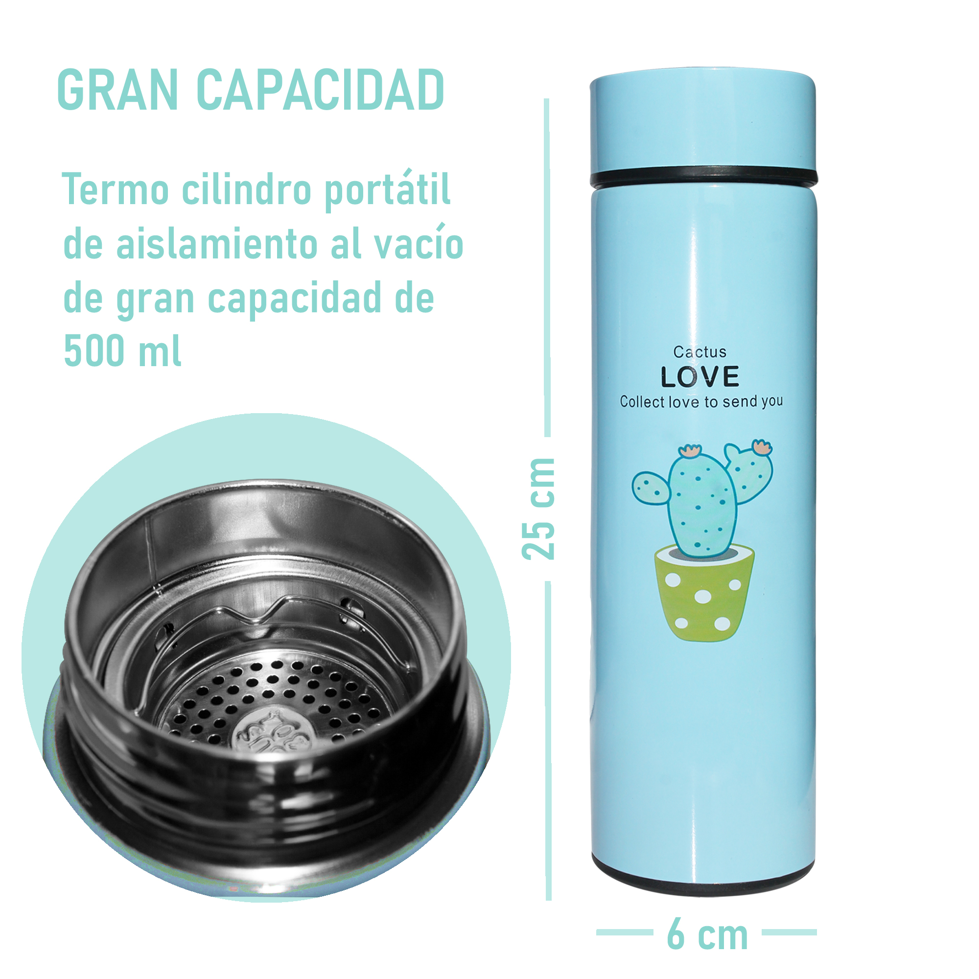 Termo Digital Inteligente de Acero Inoxidable 500ml Cactus Azul