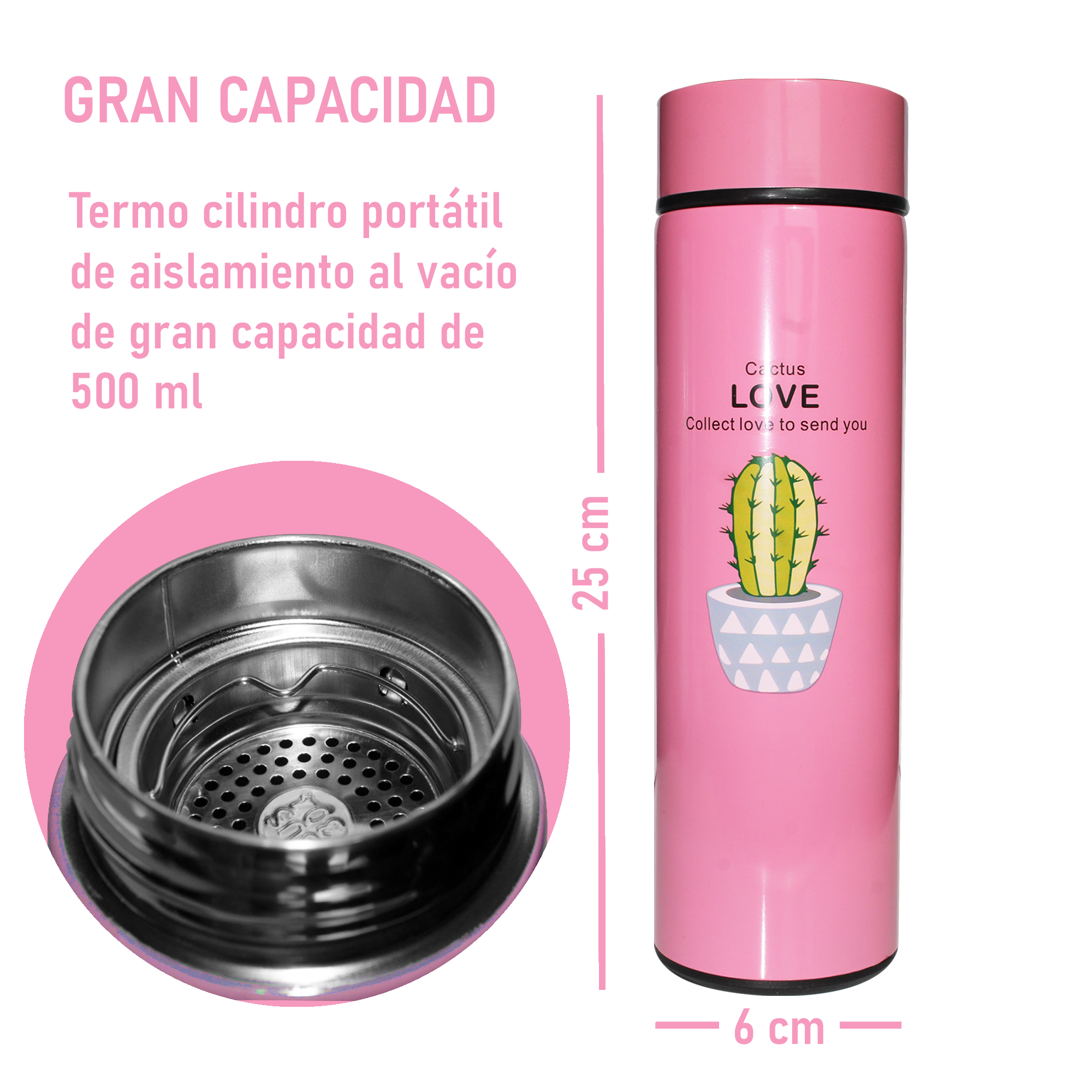 Termo Digital Inteligente de Acero Inoxidable 500ml Cactus Rosa