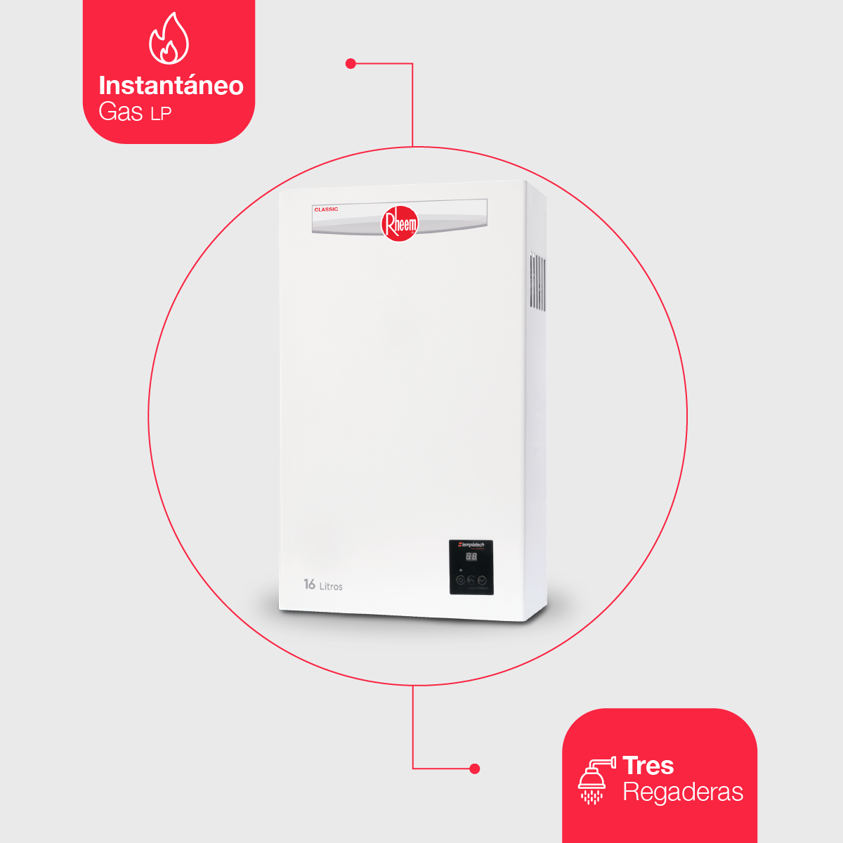 Calentador de Agua Instantaneo 16 Litros por Min Gas LP 3 Servicios