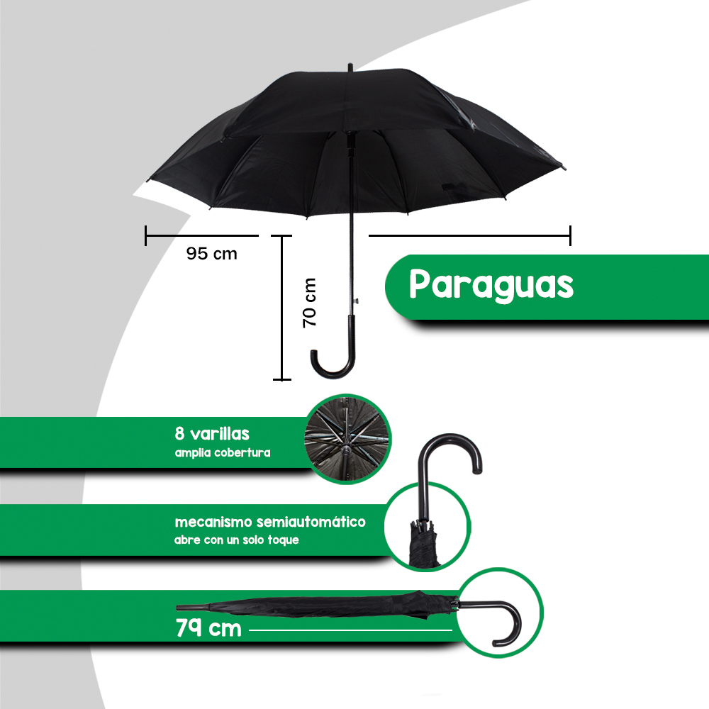 Paraguas Sombrilla Automático Tipo Bastón Negro Económico