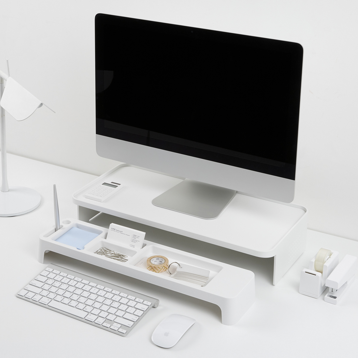 Set Organizador De Escritorio Stand Minimalista Para Monitor Blanco 