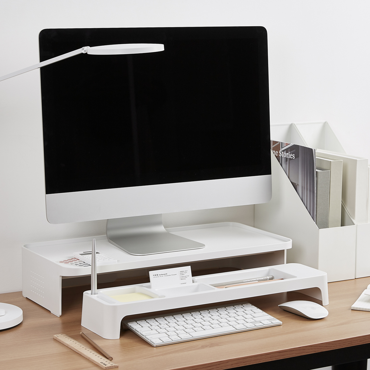 Set Organizador De Escritorio Stand Minimalista Para Monitor Blanco 