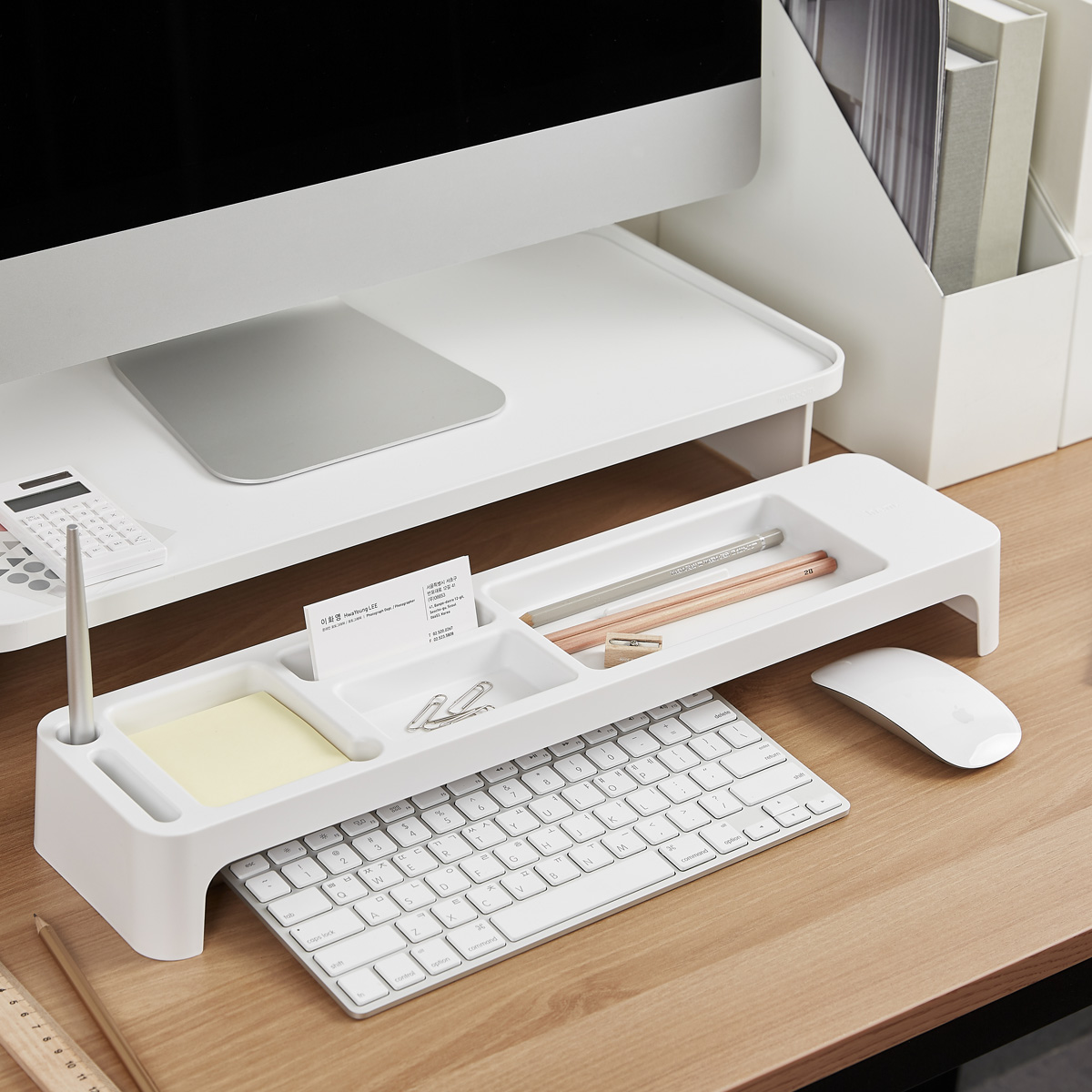 Set Organizador De Escritorio Stand Minimalista Para Monitor Blanco 