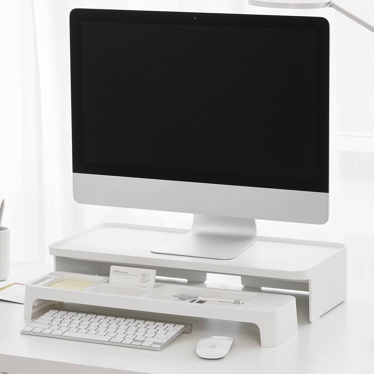 Set Organizador De Escritorio Stand Minimalista Para Monitor Blanco 
