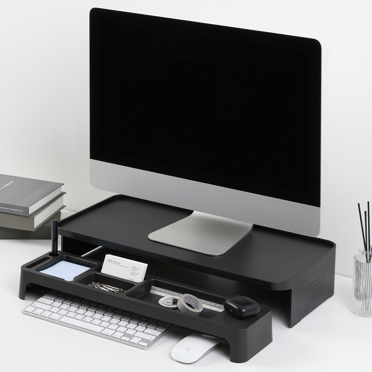 Set Organizador De Escritorio Stand Minimalista Para Monitor Negro