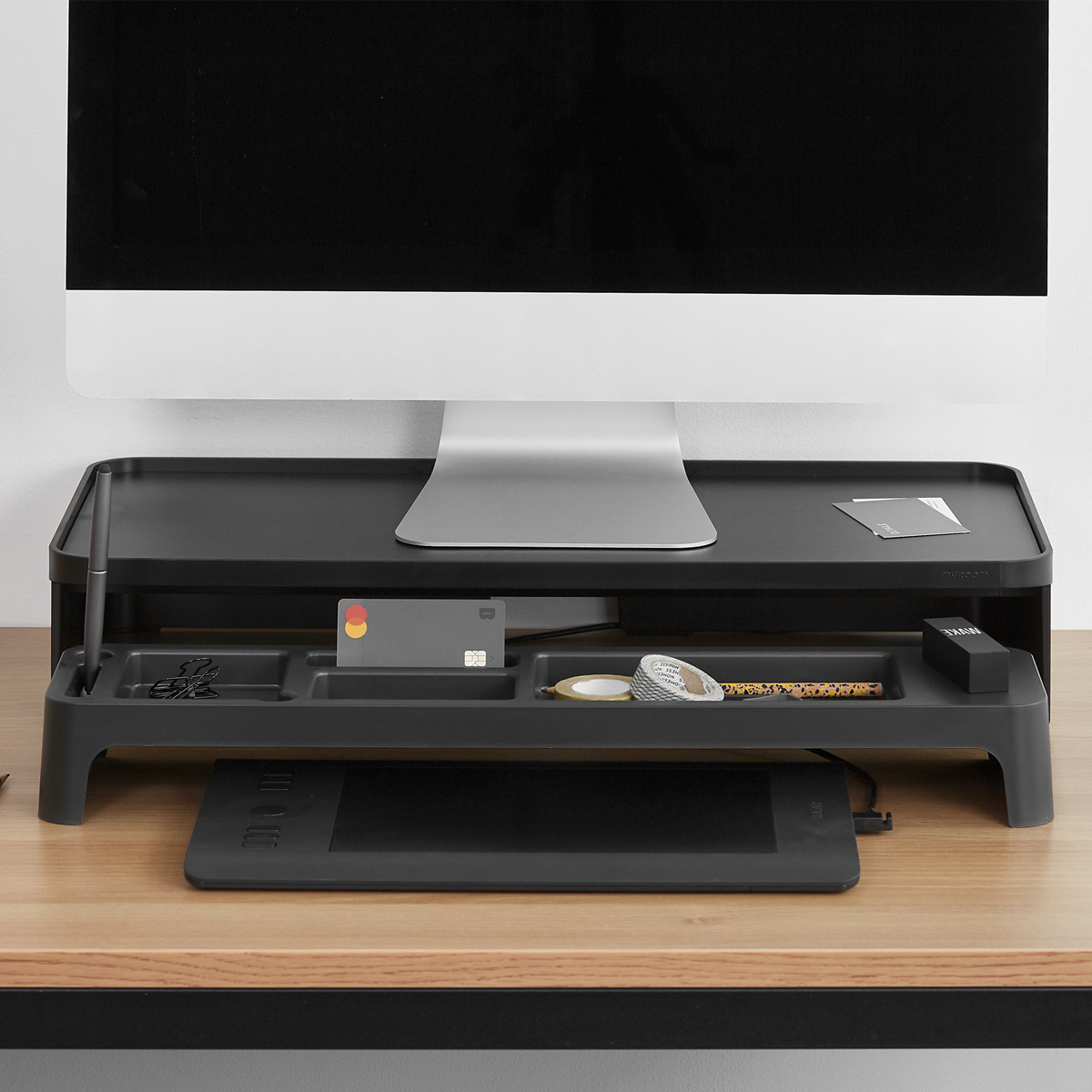 Set Organizador De Escritorio Stand Minimalista Para Monitor Negro