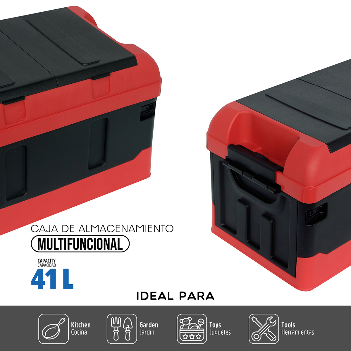 Caja Almacenamiento Plegable Organizador Con Tapa 41 Litros Rojo con Negro